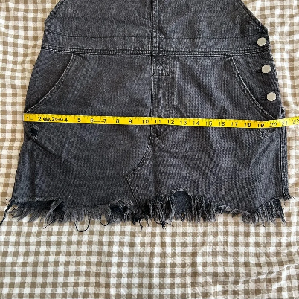 Free People Black Denim Distressed Hem Overall Mini Dress | Size 12 - Picture 9 of 10
